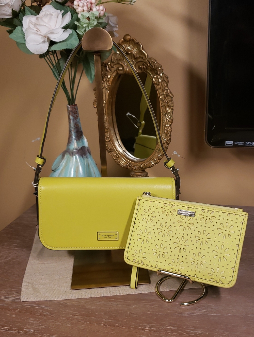 Kate Spade Lime Green Leather Crossbody Bag with Matching Wristlet